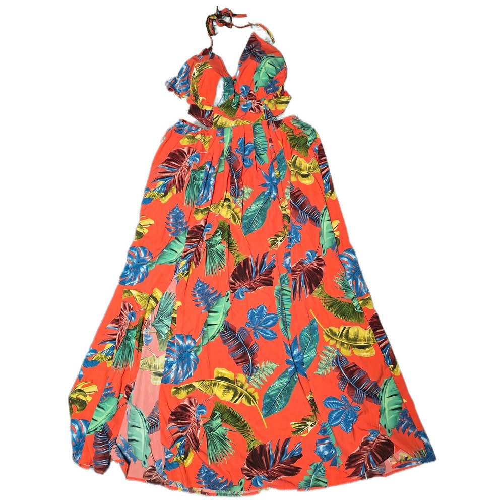 Fashion Maxi Dress Women 1X Orange Excellent Tropical Palm Cut Out Halter (A)